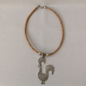 Very Unique Women's Necklace with Cork and Silver-like Rooster Pendant, Like-new